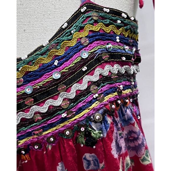 Free People Shoulder Ties Boho Red Multicolor Floral Sequin Beaded Tank Sz Med - Picture 4 of 16